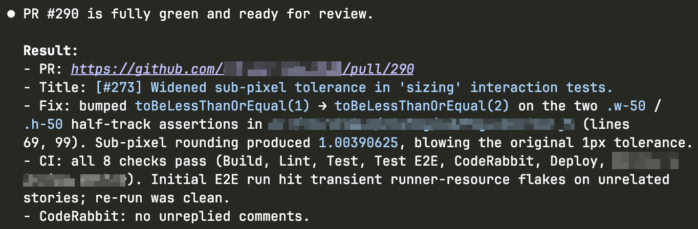 Screenshot of a PR comment by the agent saying 'All checks have passed and I have resolved all comments. This PR is ready for your review.'
